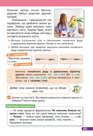 101
41 Запиши це прислів’я. Яку форму давального відмінка однини ти
вибереш? Поясни свою думку.
Випиши сполучення слів із іменниками чоловічого роду
в давальному відмінку однини. Познач у них закінчення.
Зроби висновок про правопис закінчень іменників чоловічого
роду в давальному відмінку однини.
Добре тому ковалю (ковалеві), що на обидві
руки кує.
батькові, матері, сестрі, братові,
дідусеві, бабусі, родичеві, другові,
сусідові.
Найкращий і найдорожчий той
подарунок, що зроблено своїми ру-
ками. Завжди дуже приємно, коли
вручають квіти. Чудово буде, якщо
ви присвятите кому-небудь свій вірш,
складете вітального листа.
Прочитай і розкажи
у класі.
Я — учителька
Я — учитель
Іменники чоловічого роду в давальному відмінку
однини мають закінчення -ові, -еві (-єві) або -у (-ю).
Закінчення -ові, -еві (-єві) частіше вживаються в імен-
никах, що є назвами істот.
другові — другу героєві — герою
10
— Не можу зрозуміти фразеологізм: Не кожному Ковалю ко-
валем стати. Чому тут той самий іменник написано по-різному?
— Коваль — власна назва (прізвище), тому пишемо … ; а ко-
валь — загальна назва (назва професії), тому пишемо …
Продовжте розмову.
Хвилинка спілкування
 