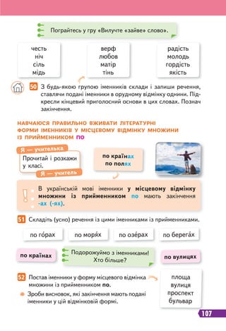 107
НАВЧАЮСЯ ПРАВИЛЬНО ВЖИВАТИ ЛІТЕРАТУРНІ
ФОРМИ ІМЕННИКІВ У МІСЦЕВОМУ ВІДМІНКУ МНОЖИНИ
ІЗ ПРИЙМЕННИКОМ ПО
50 З будь-якою групою іменників склади і запиши речення,
ставлячи подані іменники в орудному відмінку однини. Під-
кресли кінцевий приголосний основи в цих словах. Познач
закінчення.
51 Складіть (усно) речення із цими іменниками із прийменниками.
Пограйтесь у гру «Вилучте «зайве» слово».
верф
любов
матір
тінь
радість
молодь
гордість
якість
честь
ніч
сіль
мідь
по горах по морях по озерах по берегах
Прочитай і розкажи
у класі.
Я — учителька
Я — учитель
В українській мові іменники у місцевому відмінку
множини із прийменником по мають закінчення
-ах (-ях).
по країнах
по полях
по вулицях
по країнах
Подорожуймо з іменниками!
Хто більше?
Зроби висновок, які закінчення мають подані
іменники у цій відмінковій формі.
52 Постав іменники у форму місцевого відмінка
множини із прийменником по.
1
площа
вулиця
проспект
бульвар
 