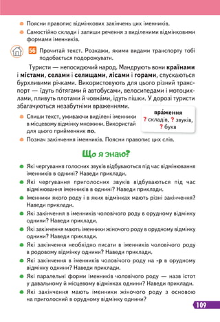 109
Туристи — непосидючий народ. Мандрують вони країнами
і містами, селами і селищами, лісами і горами, спускаються
бурхливими річками. Використовують для цього різний транс-
порт — їдуть потягами й автобусами, велосипедами і мотоцик-
лами, пливуть плотами й човнами, ідуть пішки. У дорозі туристи
збагачуються незабутніми враженнями.
56 Прочитай текст. Розкажи, якими видами транспорту тобі
подобається подорожувати.
Поясни правопис відмінкових закінчень цих іменників.
Самостійно склади і запиши речення з виділеними відмінковими
формами іменників.
Спиши текст, уживаючи виділені іменники
в місцевому відмінку множини. Використай
для цього прийменник по.
Познач закінчення іменників. Поясни правопис цих слів.
враження
? складів, ? звуків,
? букв
Що я знаю?
Які чергування голосних звуків відбуваються під час відмінювання
іменників в однині? Наведи приклади.
Які чергування приголосних звуків відбуваються під час
відмінювання іменників в однині? Наведи приклади.
Іменники якого роду і в яких відмінках мають різні закінчення?
Наведи приклади.
Які закінчення в іменників чоловічого роду в орудному відмінку
однини? Наведи приклади.
Які закінчення мають іменники жіночого роду в орудному відмінку
однини? Наведи приклади.
Які закінчення необхідно писати в іменників чоловічого роду
в родовому відмінку однини? Наведи приклади.
Які закінчення в іменників чоловічого роду на -р в орудному
відмінку однини? Наведи приклади.
Які паралельні форми іменників чоловічого роду — назв істот
у давальному й місцевому відмінках однини? Наведи приклади.
Які закінчення мають іменники жіночого роду з основою
на приголосний в орудному відмінку однини?
 