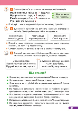 125
4 Запиши прислів’я, уставляючи антоніми до виділених слів.
5 До кожного прикметника доберіть і запишіть відповідний
антонім. За потреби скористайтеся словником.
6 Поєднай частини прислів’їв і запиши. Підкресли в них при-
кметники-антоніми. Розпитай рідних, коли так говорять.
Маленька праця краща за ? безділля.
Праця чоловіка годує, а ? марнує.
Ранніпташкиросуп’ють,а ? сльозиллють.
Руки білі, але сумління ? .
Поміркуй і скажи, яку роль відіграють антоніми у прислів’ях.
Поясніть, у яких словосполученнях прикметники вжито у прямому
значенні, а в яких — у переносному.
Складіть і запишіть речення з однією із груп словосполучень.
Поясни, коли
так говорять.
легкий мішок
легке завдання
гаряча вода
гаряча суперечка
м’який хліб
м’який характер
З великої хмари
Повний колос до землі гнеться,
Мудрий не все каже, що знає,
а дурний не все знає, що каже.
малий дощ буває.
а порожній угору пнеться.
Що я знаю?
Яку частину мови називають прикметником? Наведи приклади.
Як змінюються прикметники? Наведи приклади.
Як визначати число, рід і відмінок прикметника в реченні? Наведи
приклади.
Як правильно записувати прикметники із твердим кінцевим
приголоснимосновиурізнихвідмінковихформах?Наведиприклади.
Якправильнозаписуватиприкметникизм’якимкінцевимприголосним
основи у різних відмінкових формах? Наведи приклади.
Як правильно утворювати форми прикметників? Наведи приклади.
Як правильно вимовляти і записувати прикметники на -ський,
-цький, -зький? Наведи приклади.
 