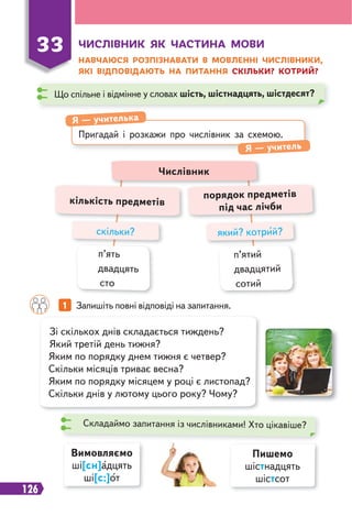 126
ЧИСЛІВНИК ЯК ЧАСТИНА МОВИ
НАВЧАЮСЯ РОЗПІЗНАВАТИ В МОВЛЕННІ ЧИСЛІВНИКИ,
ЯКІ ВІДПОВІДАЮТЬ НА ПИТАННЯ СКІЛЬКИ? КОТРИЙ?
33
Що спільне і відмінне у словах шість, шістнадцять, шістдесят?
Пригадай і розкажи про числівник за схемою.
Я — учителька
Я — учитель
Числівник
кількість предметів
порядок предметів
під час лічби
п’ять
двадцять
сто
п’ятий
двадцятий
сотий
скільки? який? котрий?
1 Запишіть повні відповіді на запитання.
Зі скількох днів складається тиждень?
Який третій день тижня?
Яким по порядку днем тижня є четвер?
Скільки місяців триває весна?
Яким по порядку місяцем у році є листопад?
Скільки днів у лютому цього року? Чому?
Складаймо запитання із числівниками! Хто цікавіше?
Вимовляємо
ші[сн]адцять
ші[с:]от
Пишемо
шістнадцять
шістсот
 