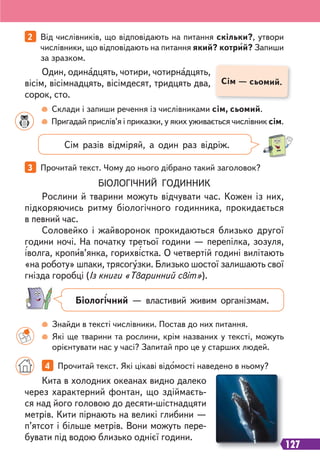 127
2 Від числівників, що відповідають на питання скільки?, утвори
числівники, що відповідають на питання який? котрий? Запиши
за зразком.
3 Прочитай текст. Чому до нього дібрано такий заголовок?
4 Прочитай текст. Які цікаві відомості наведено в ньому?
Один, одинадцять, чотири, чотирнадцять,
вісім, вісімнадцять, вісімдесят, тридцять два,
сорок, сто.
БІОЛОГІЧНИЙ ГОДИННИК
Рослини й тварини можуть відчувати час. Кожен із них,
підкоряючись ритму біологічного годинника, прокидається
в певний час.
Соловейко і жайворонок прокидаються близько другої
години ночі. На початку третьої години — перепілка, зозуля,
іволга, кропив’янка, горихвістка. О четвертій годині вилітають
«на роботу» шпаки, трясогузки. Близько шостої залишають свої
гнізда горобці (Із книги «Тваринний світ»).
Кита в холодних океанах видно далеко
через характерний фонтан, що здіймаєть-
ся над його головою до десяти-шістнадцяти
метрів. Кити пірнають на великі глибини —
п’ятсот і більше метрів. Вони можуть пере-
бувати під водою близько однієї години.
Сім — сьомий.
Склади і запиши речення із числівниками сім, сьомий.
Пригадай прислів’я і приказки, у яких уживається числівник сім.
Сім разів відміряй, а один раз відріж.
Біологічний — властивий живим організмам.
Знайди в тексті числівники. Постав до них питання.
Які ще тварини та рослини, крім названих у тексті, можуть
орієнтувати нас у часі? Запитай про це у старших людей.
 