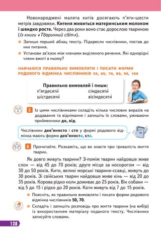 128
Числівники дев’яносто і сто у формі родового від-
мінка мають форми дев’яноста, ста.
5 Із цими числівниками складіть кілька числових виразів на
додавання та віднімання і запишіть їх словами, уживаючи
прийменники до, від.
6 Прочитайте. Розкажіть, що ви знаєте про тривалість життя
тварин.
Запиши перший абзац тексту. Підкресли числівники, постав до
них питання.
Установи зв’язок між членами виділеного речення. Які однорідні
члени вжиті в ньому?
НАВЧАЮСЯ ПРАВИЛЬНО ВИМОВЛЯТИ І ПИСАТИ ФОРМИ
РОДОВОГО ВІДМІНКА ЧИСЛІВНИКІВ 50, 60, 70, 80, 90, 100
Новонароджені малята китів досягають п’яти-шести
метрів завдовжки. Китеня живиться материнським молоком
і швидко росте. Через два роки воно стає дорослою твариною
(Із книги «Тваринний світ»).
Як довго живуть тварини? З-поміж тварин найдовше живе
слон — від 45 до 70 років; друге місце за носорогом — від
30 до 50 років. Кити, великі морські тварини-ссавці, живуть до
30 років. Зі свійських тварин найдовше живе кінь — від 20 до
35 років. Корова рідко коли доживає до 25 років. Вік собаки —
від 5 до 15 і рідко до 20 років. Коти живуть від 7 до 15 років.
Поясніть, як правильно вимовляти і писати форми родового
відмінка числівників 50, 70.
Складіть і запишіть розповідь про життя тварини (на вибір)
із використанням матеріалу поданого тексту. Числівники
записуйте словами.
Правильно вимовляй і пиши:
п’ятдесяти сімдесяти
шістдесяти вісімдесяти
 