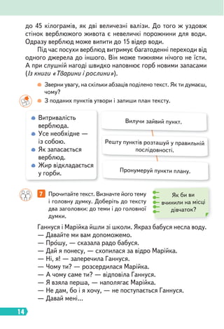 14
Вилучи зайвий пункт.
Решту пунктів розташуй у правильній
послідовності.
Пронумеруй пункти плану.
Витривалість
верблюда.
Усе необхідне —
із собою.
Як запасається
верблюд.
Жир відкладається
у горби.
7 Прочитайте текст. Визначте його тему
і головну думку. Доберіть до тексту
два заголовки: до теми і до головної
думки.
Ганнуся і Марійка йшли зі школи. Якраз бабуся несла воду.
— Давайте ми вам допоможемо.
— Прошу, — сказала радо бабуся.
— Дай я понесу, — схопилася за відро Марійка.
— Ні, я! — заперечила Ганнуся.
— Чому ти? — розсердилася Марійка.
— А чому саме ти? — відповіла Ганнуся.
— Я взяла перша, — наполягає Марійка.
— Не дам, бо і я хочу, — не поступається Ганнуся.
— Давай мені…
до 45 кілограмів, як дві величезні валізи. До того ж уздовж
стінок верблюжого живота є невеличкі порожнини для води.
Одразу верблюд може випити до 15 відер води.
Під час посухи верблюд витримує багатоденні переходи від
одного джерела до іншого. Він може тижнями нічого не їсти.
А при слушній нагоді швидко наповнює горб новими запасами
(Із книги «Тварини і рослини»).
Зверни увагу, на скільки абзаців поділено текст. Як ти думаєш,
чому?
З поданих пунктів утвори і запиши план тексту.
Як би ви
вчинили на місці
дівчаток?
 