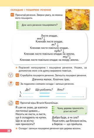 30
Дівчинка малює. Хлопчик грає.
11 Прочитай речення. Зверни увагу, як можна
його поширити.
12 Спробуйте поширити речення. Запишіть поширені речення.
13 За поданими схемами склади і запиши речення.
Порівняй непоширене і поширене речення. Укажи, за
допомогою яких слів думку виражено повніше.
яке?
куди?
як?
яку?
Листя опадає.
Кленове листя повільно опадає.
Кленове листя опадає.
Кленове листя повільно опадає на землю.
Кленове листя повільно опадає на мокру землю.
СКЛАДАЮ І ПОШИРЮЮ РЕЧЕННЯ
Для чого речення поширювати?
1. .
2. .
Де? Що роблять? Хто?
Й сам не знаю, де взялися
листоноші-диваки…
Носять не листи, а листя,
ще й складають на купки.
Що ж за вістку
нам приносять?
Добра буде, а чи зла?
Пише клен, що близько осінь,
а береза — що прийшла.
Склади і запиши поширене речення про дерева восени.
14 Прочитай вірш Віталія Конопельця.
Чому дерева приносять
різні вістки?
 