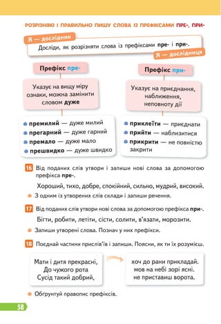 58
РОЗРІЗНЯЮ І ПРАВИЛЬНО ПИШУ СЛОВА ІЗ ПРЕФІКСАМИ ПРЕ-, ПРИ-
Префікс пре-
Указує на вищу міру
ознаки, можна замінити
словом дуже
премилий — дуже милий
прегарний — дуже гарний
премало — дуже мало
прешвидко — дуже швидко
Префікс при-
Указує на приєднання,
наближення,
неповноту дії
приклеїти — приєднати
прийти — наблизитися
прикрити — не повністю
закрити
Досліди, як розрізняти слова із префіксами пре- і при-.
Я — дослідник
Я — дослідниця
16 Від поданих слів утвори і запиши нові слова за допомогою
префікса пре-.
17 Від поданих слів утвори нові слова за допомогою префікса при-.
18 Поєднай частини прислів’їв і запиши. Поясни, як ти їх розумієш.
З одним із утворених слів склади і запиши речення.
Обґрунтуй правопис префіксів.
Запиши утворені слова. Познач у них префікси.
Хороший, тихо, добре, спокійний, сильно, мудрий, високий.
Бігти, робити, летіти, сісти, солити, в’язати, морозити.
Мати і дитя прекрасні,
До чужого рота
Сусід такий добрий,
хоч до рани прикладай.
мов на небі зорі ясні.
не приставиш ворота.
 