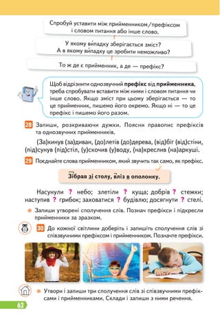 62
28 Запиши, розкриваючи дужки. Поясни правопис префіксів
та однозвучних прийменників.
(За)кинув (за)диван, (до)летів (до)дерева, (від)біг (від)стіни,
(під)сунув (під)стіл, (у)скочив (у)воду, (на)креслив (на)аркуші.
Щоб відрізнити однозвучний префікс від прийменника,
треба спробувати вставити між ними і словом питання чи
інше слово. Якщо зміст при цьому зберігається — то
це прийменник, пишемо його окремо. Якщо ні — то це
префікс і пишемо його разом.
Спробуй уставити між прийменником/префіксом
і словом питання або інше слово.
У якому випадку зберігається зміст?
А в якому випадку це зробити неможливо?
То ж де є прийменник, а де — префікс?
29 Поєднайте слова прийменником, який звучить так само, як префікс.
Насунули ? небо; злетіли ? куща; добрів ? стежки;
наступив ? грибок; заховатися ? будівлю; досягнути ? стелі.
Запиши утворені сполучення слів. Познач префікси і підкресли
прийменники за зразком.
Утвори і запиши три сполучення слів зі співзвучними префік-
сами і прийменниками. Склади і запиши з ними речення.
Зібрав зі столу, вліз в ополонку.
30 До кожної світлини доберіть і запишіть сполучення слів зі
співзвучними префіксом і прийменником. Позначте префікси.
 
