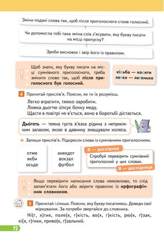 72
4 Прочитай прислів’я. Поясни, як ти їх розумієш.
Запиши прислів’я. Підкресли слова із сумнівними приголосними.
5 Прочитай і спиши. Поясни, яку букву писатимеш. Доведи свої
міркування. За потреби звертайся до словника.
Зміни подані слова так, щоб після приголосного стояв голосний.
Зроби висновок і звір його із правилом.
Чи допомогла тобі така зміна слів з’ясувати, яку букву писати
на місці пропуску?
Щоб знати, яку букву писати на міс-
ці сумнівного приголосного, треба
змінити слово так, щоб після при-
голосного був голосний.
Якщо перевірити написання слова неможливо, то слід
запам’ятати його або звірити правопис із орфографіч-
ним словником.
кісьба — косити
легко — легенько
Легко втратити, тяжко заробити.
Ложка дьогтю зіпсує бочку меду.
Щастя в повітрі не в’ється, воно в боротьбі дістається.
Ні(г, х)тик, поле(х, г)кість, во(х, г)кість, рю(к, ґ)зак,
кі(х, г)тики, приво(к, ґ)зальний.
Дьоготь — темна густа в’язка рідина з неприєм-
ним запахом, якою в давнину змащували колеса.
отже
якби
осьде
анекдот
вокзал
футбол
Спробуй перевірити сумнівний
приголосний у цих словах.
Я — дослідник
Я — дослідниця
 