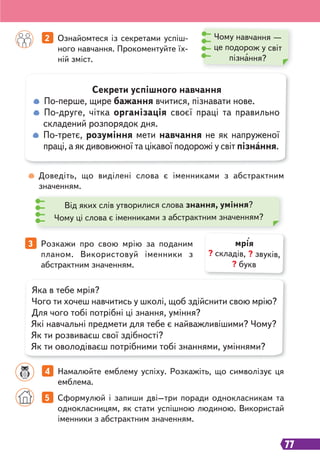 77
Доведіть, що виділені слова є іменниками з абстрактним
значенням.
4 Намалюйте емблему успіху. Розкажіть, що символізує ця
емблема.
Секрети успішного навчання
По-перше, щире бажання вчитися, пізнавати нове.
По-друге, чітка організація своєї праці та правильно
складений розпорядок дня.
По-третє, розуміння мети навчання не як напруженої
праці, а як дивовижної та цікавої подорожі у світ пізнання.
Від яких слів утворилися слова знання, уміння?
Чому ці слова є іменниками з абстрактним значенням?
2 Ознайомтеся із секретами успіш-
ного навчання. Прокоментуйте їх-
ній зміст.
Чому навчання —
це подорож у світ
пізнання?
3 Розкажи про свою мрію за поданим
планом. Використовуй іменники з
абстрактним значенням.
Яка в тебе мрія?
Чого ти хочеш навчитись у школі, щоб здійснити свою мрію?
Для чого тобі потрібні ці знання, уміння?
Які навчальні предмети для тебе є найважливішими? Чому?
Як ти розвиваєш свої здібності?
Як ти оволодіваєш потрібними тобі знаннями, уміннями?
мрія
? складів, ? звуків,
? букв
5 Сформулюй і запиши дві–три поради однокласникам та
однокласницям, як стати успішною людиною. Використай
іменники з абстрактним значенням.
 