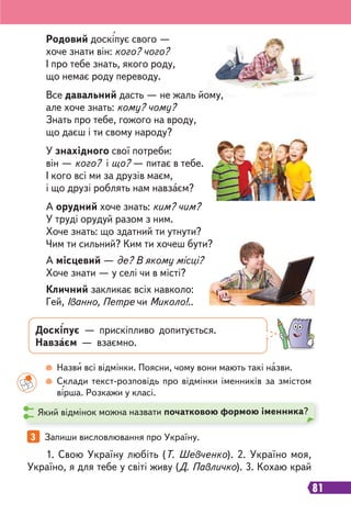 81
3 Запиши висловлювання про Україну.
Родовий доскіпує свого —
хоче знати він: кого? чого?
І про тебе знать, якого роду,
що немає роду переводу.
Все давальний дасть — не жаль йому,
але хоче знать: кому? чому?
Знать про тебе, гожого на вроду,
що даєш і ти свому народу?
У знахідного свої потреби:
він — кого? і що? — питає в тебе.
І кого всі ми за друзів маєм,
і що друзі роблять нам навзаєм?
А орудний хоче знать: ким? чим?
У труді орудуй разом з ним.
Хоче знать: що здатний ти утнути?
Чим ти сильний? Ким ти хочеш бути?
А місцевий — де? В якому місці?
Хоче знати — у селі чи в місті?
Кличний закликає всіх навколо:
Гей, Іванно, Петре чи Миколо!..
Доскіпує — прискіпливо допитується.
Навзаєм — взаємно.
Назви всі відмінки. Поясни, чому вони мають такі назви.
Склади текст-розповідь про відмінки іменників за змістом
вірша. Розкажи у класі.
Який відмінок можна назвати початковою формою іменника?
1. Свою Україну любіть (Т. Шевченко). 2. Україно моя,
Україно, я для тебе у світі живу (Д. Павличко). 3. Кохаю край
 