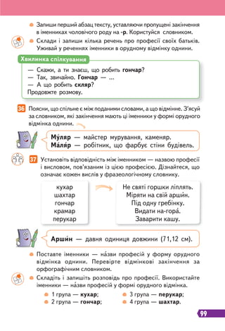 99
37 Установіть відповідність між іменником — назвою професії
і висловом, пов’язаним із цією професією. Дізнайтеся, що
означає кожен вислів у фразеологічному словнику.
Запиши перший абзац тексту, уставляючи пропущені закінчення
в іменниках чоловічого роду на -р. Користуйся словником.
Склади і запиши кілька речень про професії своїх батьків.
Уживай у реченнях іменники в орудному відмінку однини.
Поставте іменники — назви професій у форму орудного
відмінка однини. Перевірте відмінкові закінчення за
орфографічним словником.
Складіть і запишіть розповідь про професії. Використайте
іменники — назви професій у формі орудного відмінка.
— Скажи, а ти знаєш, що робить гончар?
— Так, звичайно. Гончар — …
— А що робить скляр?
Продовжте розмову.
Хвилинка спілкування
36 Поясни, що спільне є між поданими словами, а що відмінне. З’ясуй
за словником, які закінчення мають ці іменники у формі орудного
відмінка однини.
Муляр — майстер мурування, каменяр.
Маляр — робітник, що фарбує стіни будівель.
Аршин — давня одиниця довжини (71,12 см).
кухар
шахтар
гончар
крамар
перукар
Не святі горшки ліплять.
Міряти на свій аршин.
Під одну гребінку.
Видати на-гора.
Заварити кашу.
1 група — кухар;
2 група — гончар;
3 група — перукар;
4 група — шахтар.
 