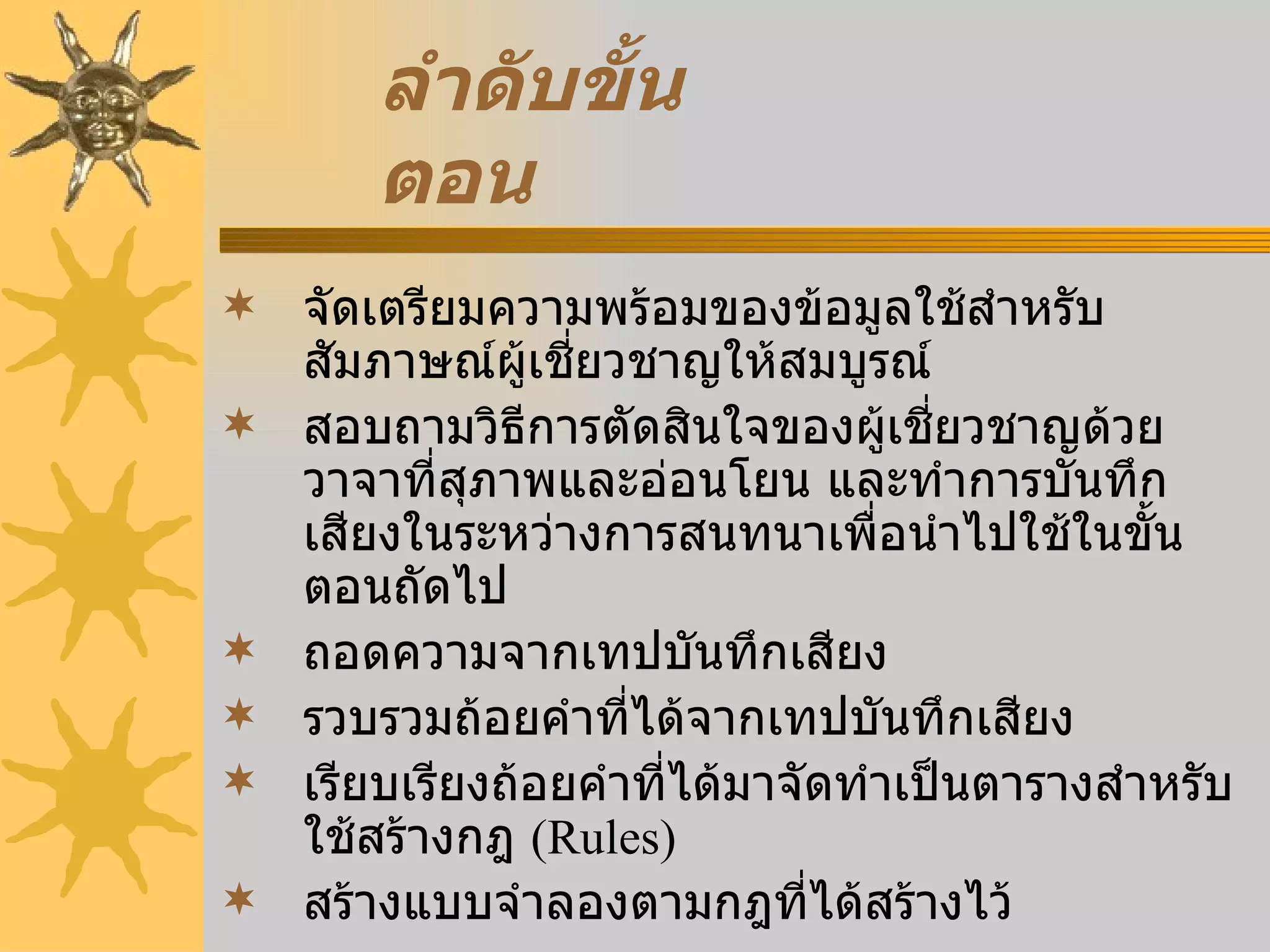 ลำดับขั้นตอน   จัดเตรียมความพร้อมของข้อมูลใช้สำหรับสัมภาษณ์ผู้เชี่ยวชาญให้สมบูรณ์ สอบถามวิธีการตัดสินใจของผู้เชี่ยวชาญด้วยวาจาที่สุภาพและอ่อนโยน และทำการบันทึกเสียงในระหว่างการสนทนาเพื่อนำไปใช้ในขั้นตอนถัดไป ถอดความจากเทปบันทึกเสียง รวบรวมถ้อยคำที่ได้จากเทปบันทึกเสียง เรียบเรียงถ้อยคำที่ได้มาจัดทำเป็นตารางสำหรับใช้สร้างกฎ  (Rules) สร้างแบบจำลองตามกฎที่ได้สร้างไว้   