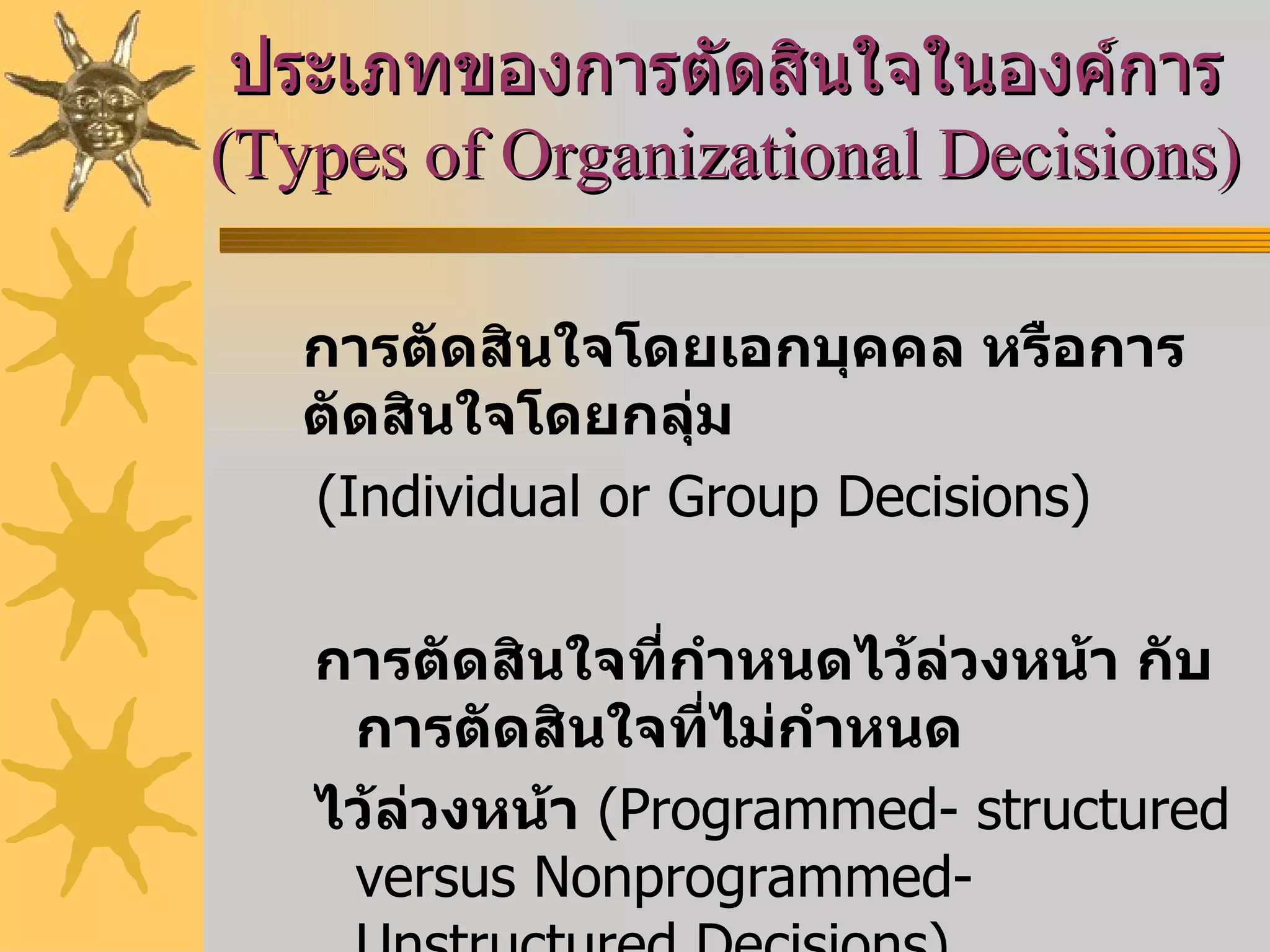 ประเภทของการตัดสินใจในองค์การ (Types of Organizational Decisions) การตัดสินใจโดยเอกบุคคล หรือการตัดสินใจโดยกลุ่ม   (Individual or Group Decisions) การตัดสินใจที่กำหนดไว้ล่วงหน้า กับการตัดสินใจที่ไม่กำหนด ไว้ล่วงหน้า   (Programmed- structured versus Nonprogrammed- Unstructured Decisions) 