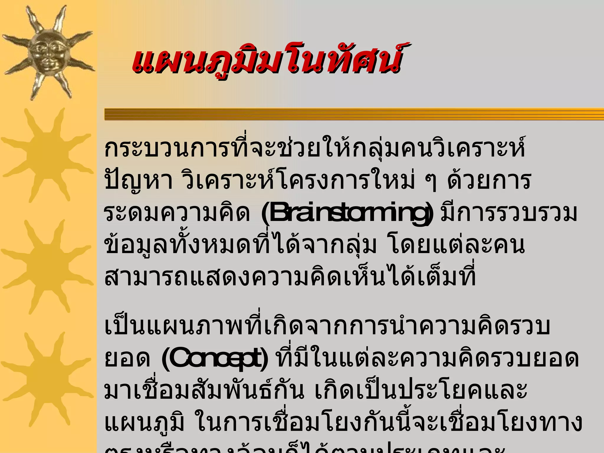 แผนภูมิมโนทัศน์ กระบวนการที่จะช่วยให้กลุ่มคนวิเคราะห์ปัญหา วิเคราะห์โครงการใหม่ ๆ ด้วยการระดมความคิด  ( Brainstorming)  มีการรวบรวมข้อมูลทั้งหมดที่ได้จากลุ่ม โดยแต่ละคนสามารถแสดงความคิดเห็นได้เต็มที่  เป็นแผนภาพที่เกิดจากการนำความคิดรวบยอด  ( Concept)  ที่มีในแต่ละความคิดรวบยอด มาเชื่อมสัมพันธ์กัน เกิดเป็นประโยคและแผนภูมิ ในการเชื่อมโยงกันนี้จะเชื่อมโยงทางตรงหรือทางอ้อมก็ได้ตามประเภทและขอบเขตของความสัมพันธ์ที่เกิดขึ้น 