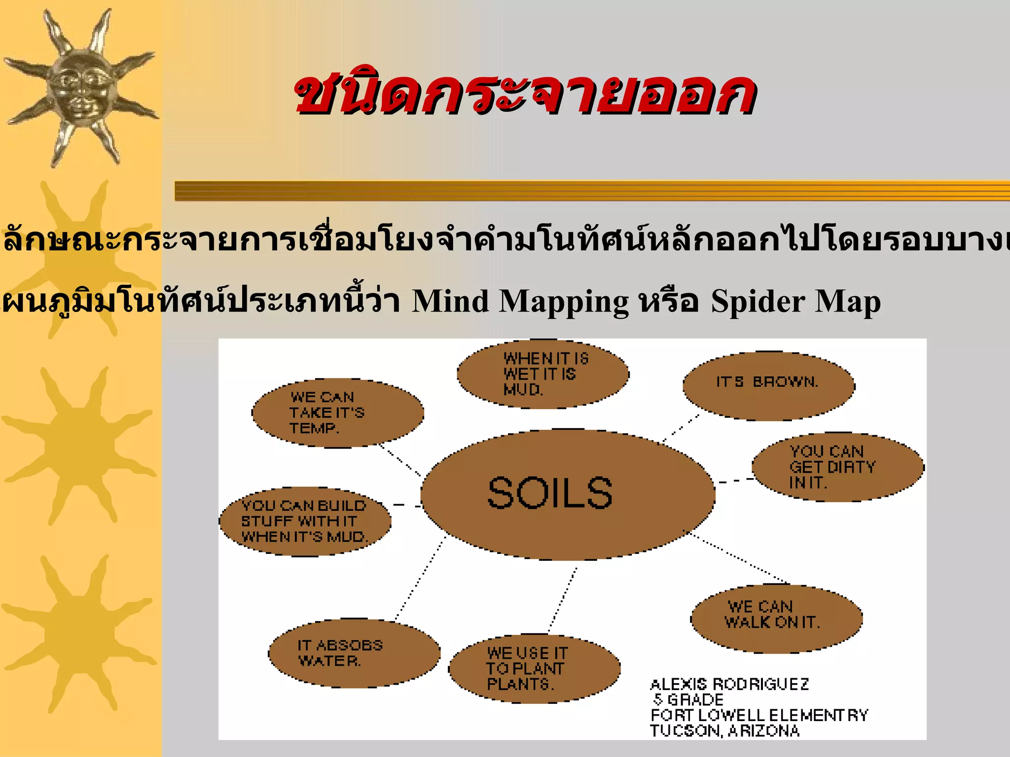 ชนิดกระจายออก มีลักษณะกระจายการเชื่อมโยงจำคำมโนทัศน์หลักออกไปโดยรอบบางแห่งเรียก แผนภูมิมโนทัศน์ประเภทนี้ว่า   Mind Mapping  หรือ   Spider Map   