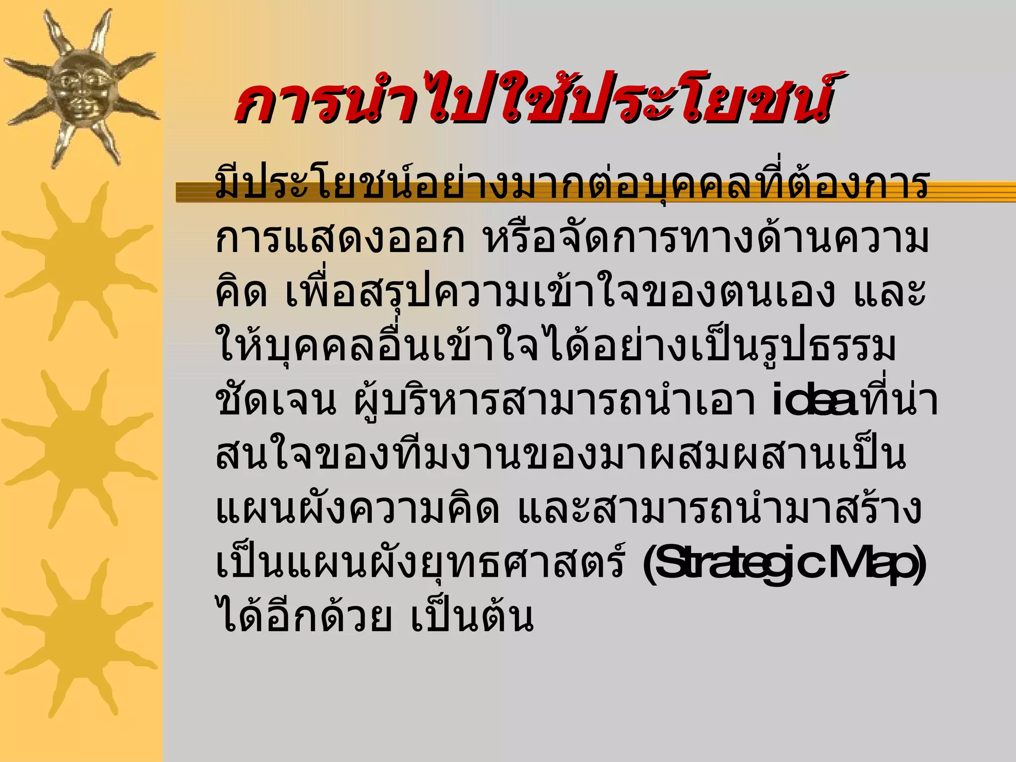 การนำไปใช้ประโยชน์ มีประโยชน์อย่างมากต่อบุคคลที่ต้องการการแสดงออก หรือจัดการทางด้านความคิด เพื่อสรุปความเข้าใจของตนเอง และให้บุคคลอื่นเข้าใจได้อย่างเป็นรูปธรรมชัดเจน ผู้บริหารสามารถนำเอา  idea  ที่น่าสนใจของทีมงานของมาผสมผสานเป็นแผนผังความคิด และสามารถนำมาสร้างเป็นแผนผังยุทธศาสตร์  ( Strategic Map)  ได้อีกด้วย เป็นต้น 