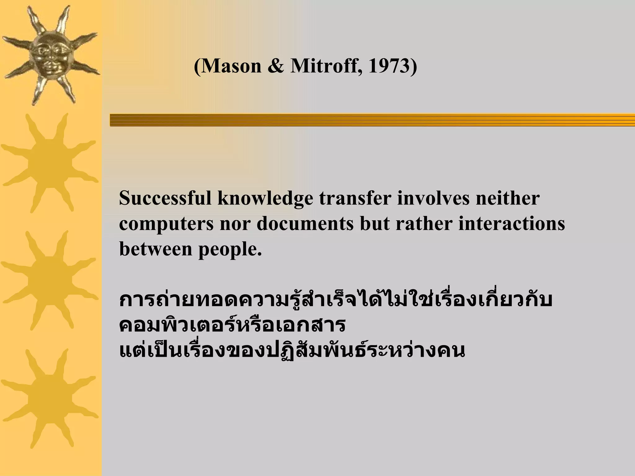 Successful knowledge transfer involves neither computers nor documents but rather interactions between people. การถ่ายทอดความรู้สำเร็จได้ไม่ใช่เรื่องเกี่ยวกับคอมพิวเตอร์หรือเอกสาร  แต่เป็นเรื่องของปฏิสัมพันธ์ระหว่างคน (Mason & Mitroff, 1973) 