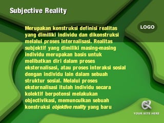 Subjective Reality

    Mer upakan konstr uksi definisi r ealitas            LOGO
    yang dimiliki individu dan dikonstr uksi
    melalui pr oses inter nalisasi. Realitas
    subjektif yang dimiliki masing-masing
    individu mer upakan basis untuk
    melibatkan dir i dalam pr oses
    ekster nalisasi, atau pr oses inter aksi sosial
    dengan individu lain dalam sebuah
    str uktur sosial. Melalui pr oses
    ekster nalisasi itulah individu secar a
    kolektif ber potensi melakukan
    objectivikasi, memunculkan sebuah
    konstr uksi objektive reality yang bar u
                                                      YOUR SITE HERE
 