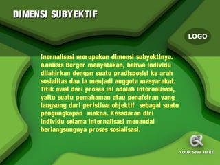 DIMENSI SUBYEKTIF

                                                            LOGO


     Inernalisasi merupakan dimensi subyektinya.
     A nalisis Berger menyatakan, bahwa individu
     dilahirkan dengan suatu pradisposisi ke ar ah
     sosialitas dan ia menjadi anggota masyar akat.
     Titik awal dari pr oses ini adalah internalisasi,
     yaitu suatu pemahaman atau penafsir an yang
     langsung dar i peristiwa objektif sebagai suatu
     pengungkapan makna. Kesadaran diri
     individu selama internalisasi menandai
     ber langsungnya proses sosialisasi.


                                                         YOUR SITE HERE
 