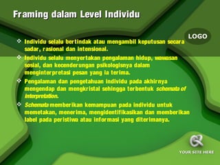 Fr aming dalam Level Individu

                                                            LOGO
 Individu selalu ber tindak atau mengambil keputusan secar a
  sadar , r asional dan intensional.
 Individu selalu menyer takan pengalaman hidup, wawasan
  sosial, dan kecender ungan psikologisnya dalam
  menginter pr etasi pesan yang ia ter ima.
 Pengalaman dan pengetahuan individu pada akhir nya
  mengendap dan mengkr istal sehingga ter bentuk schemata of
  interpretation.
 Schemata member ikan kemampuan pada individu untuk
  memetakan, mener ima, mengidentifikasikan dan member ikan
  label pada per istiwa atau infor masi yang diter imanya.




                                                         YOUR SITE HERE
 