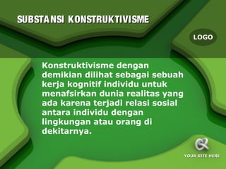 SUBSTA NSI KONSTRUKTIVISME
                                          LOGO



    Konstruktivisme dengan
    demikian dilihat sebagai sebuah
    kerja kognitif individu untuk
    menafsirkan dunia realitas yang
    ada karena terjadi relasi sosial
    antara individu dengan
    lingkungan atau orang di
    dekitarnya.


                                       YOUR SITE HERE
 