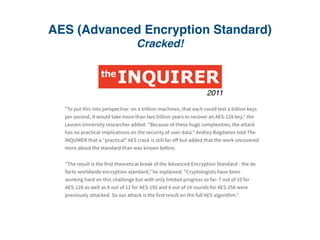 AES (Advanced Encryption Standard)
Cracked!
2011
 