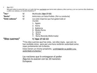 •   Apo 13:1
    Me paré sobre la arena del mar, y vi subir del mar una bestia que tenía siete cabezas y diez cuernos; y en sus cuernos diez diademas;
    y sobre sus cabezas, un nombre blasfemo.(B)
“Mar”                       R/             Multitudes (Apo 17:15)
“Bestia”                    R/             Anticristo y al Falso Profeta (Por su conducta)
“Siete cabezas”             R/             Los siete imperios que han gobernado al
                                           mundo:
                                           1. Egipto
                                           2. Asiria
                                           3. Babilonia
                                           4. Medo-Persia
                                           5. Grecia
                                           6. Roma
                                           7. Roma Revivida (Reformada)
“Diez cuernos”                             R/ Apo 17:12-13
                            “Y los diez cuernos que has visto, son diez reyes, que aún no
                            han recibido reino; pero por una hora recibirán autoridad como
                            reyes juntamente con la bestia.
                            Estos tienen un mismo propósito, y entregarán su poder y su
                            autoridad a la bestia.”

                            Las naciones que le entregaran el poder
                            Algunos lo asocian con las 10 naciones
                            Europeas
 