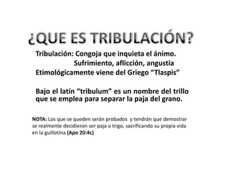 Tribulación: Congoja que inquieta el ánimo.
             Sufrimiento, aflicción, angustia
 Etimológicamente viene del Griego “Tlaspis”

 Bajo el latín “tribulum” es un nombre del trillo
 que se emplea para separar la paja del grano.

NOTA: Los que se queden serán probados y tendrán que demostrar
se realmente decidieron ser paja o trigo, sacrificando su propia vida
en la guillotina (Apo 20:4c)
 