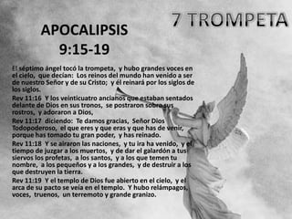 APOCALIPSIS
           9:15-19
El séptimo ángel tocó la trompeta, y hubo grandes voces en
el cielo, que decían: Los reinos del mundo han venido a ser
de nuestro Señor y de su Cristo; y él reinará por los siglos de
los siglos.
Rev 11:16 Y los veinticuatro ancianos que estaban sentados
delante de Dios en sus tronos, se postraron sobre sus
rostros, y adoraron a Dios,
Rev 11:17 diciendo: Te damos gracias, Señor Dios
Todopoderoso, el que eres y que eras y que has de venir,
porque has tomado tu gran poder, y has reinado.
Rev 11:18 Y se airaron las naciones, y tu ira ha venido, y el
tiempo de juzgar a los muertos, y de dar el galardón a tus
siervos los profetas, a los santos, y a los que temen tu
nombre, a los pequeños y a los grandes, y de destruir a los
que destruyen la tierra.
Rev 11:19 Y el templo de Dios fue abierto en el cielo, y el
arca de su pacto se veía en el templo. Y hubo relámpagos,
voces, truenos, un terremoto y grande granizo.
 