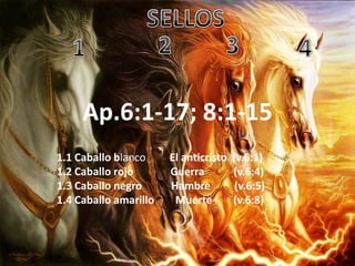 Ap.6:1-17; 8:1-15
1.1 Caballo blanco     El anticristo   (v.6:1)
1.2 Caballo rojo       Guerra          (v.6:4)
1.3 Caballo negro      Hambre           (v.6:5)
1.4 Caballo amarillo    Muerte         (v.6:8)
 