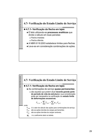 29
Prof.RomelDiasVanderlei
4.7- Verificação do Estado Limite de Serviço
4.7.1- Verificação da flecha em lajes
É feito utilizando-se processos analíticos que
divide o cálculo em duas parcelas:
Flecha imediata
Flecha diferida.
A NBR 6118:2003 estabelece limites para flechas.
Leva-se em consideração combinações de ações.
Prof.RomelDiasVanderlei
4.7- Verificação do Estado Limite de Serviço
4.7.1- Verificação da flecha em lajes
As combinações de serviço quase permanentes:
são aquelas que podem atuar durante grande parte
do período de vida da estrutura e sua consideração
pode ser necessária na verificação do estado limite
de deformações excessivas.
∑ ∑+= kqjjkgiserd FFF ,2,, ψ
onde:
Fd,ser é o valor de cálculo das ações para combinações de serviço;
Fgi,k são as ações devidas às cargas permanentes;
Fqj,k são as ações devidas às cargas variáveis;
ψ2j é o coeficiente dado na tabela.
 