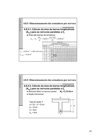 41
Prof.RomelDiasVanderlei
4.8.5.1- Cálculo da área de barras longitudinais
(Asx) para as nervuras paralelas a ℓx
Área das barras da armadura:
4.8.5- Dimensionamento das armaduras por nervura
2
, 49,0
21
3224,1
023,0 cm
d
M
kA d
sxs =
×
×=⋅=
2
.,
2
,
50,0
p/nervura8149,0
cmA
cmA
efetsx
xs
=
→= φ
Prof.RomelDiasVanderlei
4.8.5.2- Cálculo da área de barras longitudinais
(Asy) para as nervuras paralelas a ℓy
Momento fletor na nervura central: My = 2,78 kN.m
Seção transversal:
4.8.5- Dimensionamento das armaduras por nervura
Viga de seção T
d = 23 – 2 = 21cm
bf = 41cm
hf = 4cm
bw = 5cm
 