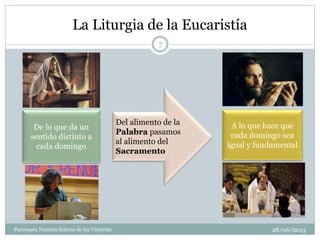La Liturgia de la Eucaristía
28/06/2013Parroquia Nuestra Señora de las Victorias
7
De lo que da un
sentido distinto a
cada domingo
Del alimento de la
Palabra pasamos
al alimento del
Sacramento
A lo que hace que
cada domingo sea
igual y fundamental
 