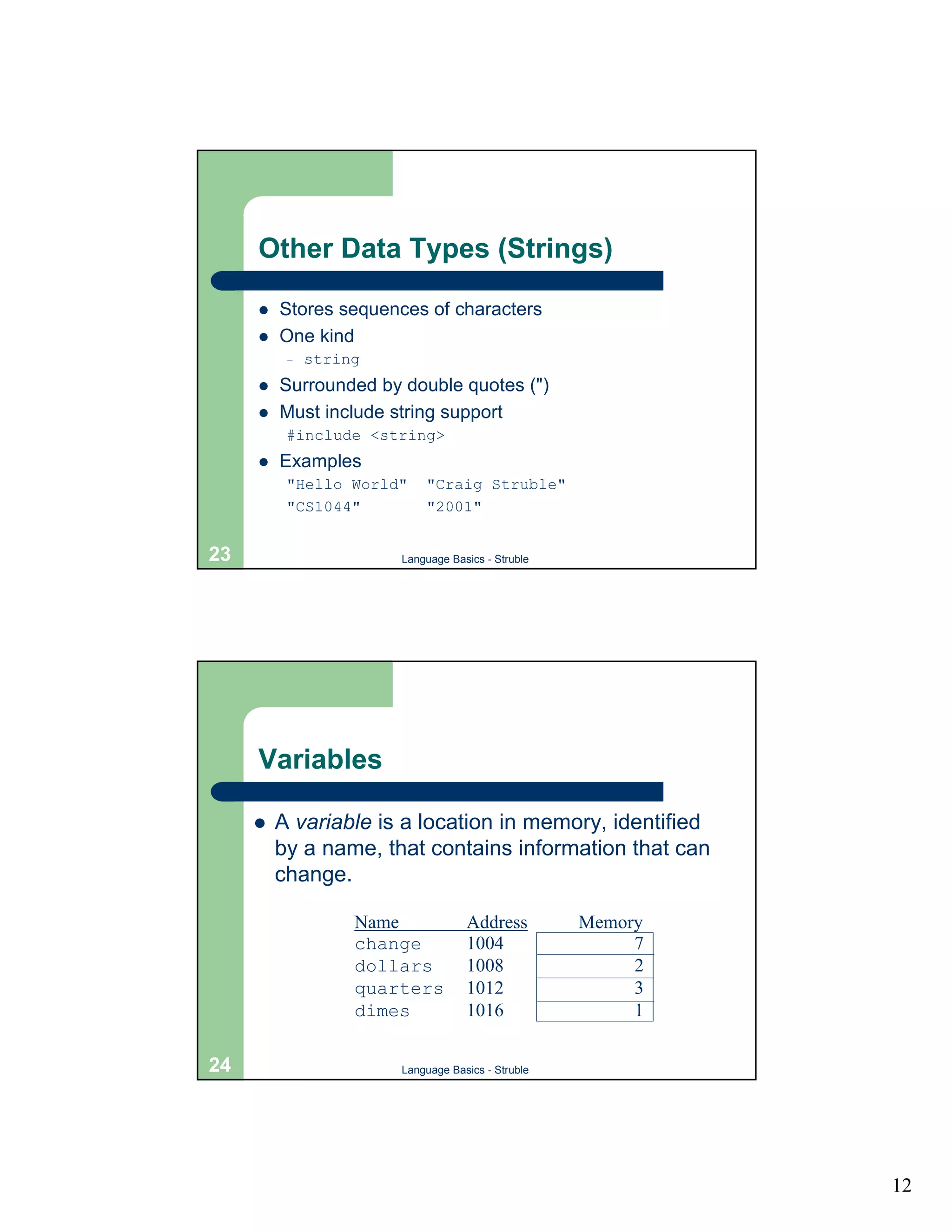 Other Data Types (Strings)

     !   Stores sequences of characters
     !   One kind
          –   string
     !   Surrounded by double quotes (")
     !   Must include string support
          #include <string>
     !   Examples
          "Hello World"    "Craig Struble"
          "CS1044"         "2001"


23                     Language Basics - Struble




     Variables

     !   A variable is a location in memory, identified
         by a name, that contains information that can
         change.

                   Name            Address         Memory
                   change          1004                 7
                   dollars         1008                 2
                   quarters        1012                 3
                   dimes           1016                 1

24                     Language Basics - Struble




                                                            12
 