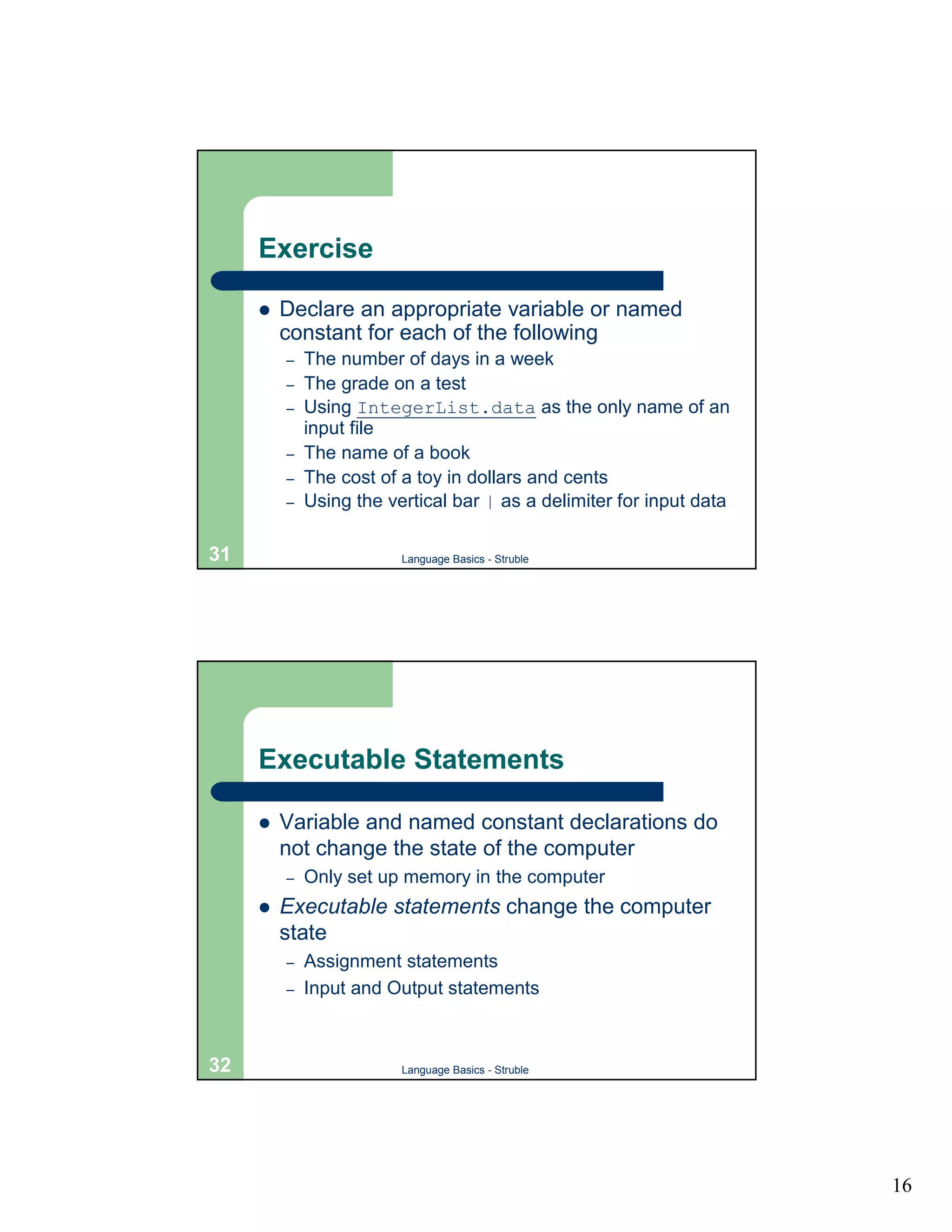 Exercise

     !   Declare an appropriate variable or named
         constant for each of the following
         –   The number of days in a week
         –   The grade on a test
         –   Using IntegerList.data as the only name of an
             input file
         –   The name of a book
         –   The cost of a toy in dollars and cents
         –   Using the vertical bar | as a delimiter for input data

31                       Language Basics - Struble




     Executable Statements

     !   Variable and named constant declarations do
         not change the state of the computer
         –   Only set up memory in the computer
     !   Executable statements change the computer
         state
         –   Assignment statements
         –   Input and Output statements



32                       Language Basics - Struble




                                                                      16
 