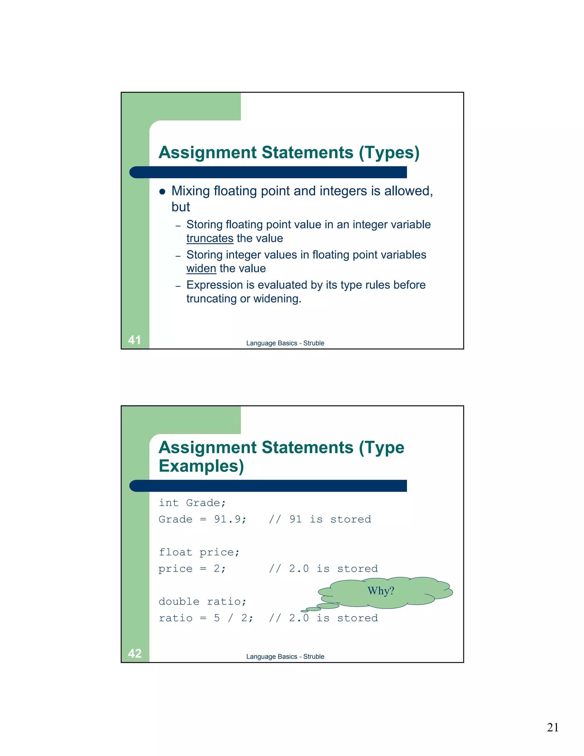 Assignment Statements (Types)

     !   Mixing floating point and integers is allowed,
         but
         –   Storing floating point value in an integer variable
             truncates the value
         –   Storing integer values in floating point variables
             widen the value
         –   Expression is evaluated by its type rules before
             truncating or widening.


41                       Language Basics - Struble




     Assignment Statements (Type
     Examples)
     int Grade;
     Grade = 91.9;              // 91 is stored

     float price;
     price = 2;                 // 2.0 is stored
                                                     Why?
     double ratio;
     ratio = 5 / 2;             // 2.0 is stored


42                       Language Basics - Struble




                                                                   21
 