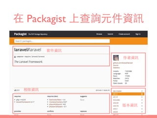 在 Packagist 上查詢元件資訊
作者資訊
版本資訊
套件資訊
相依資訊
 
