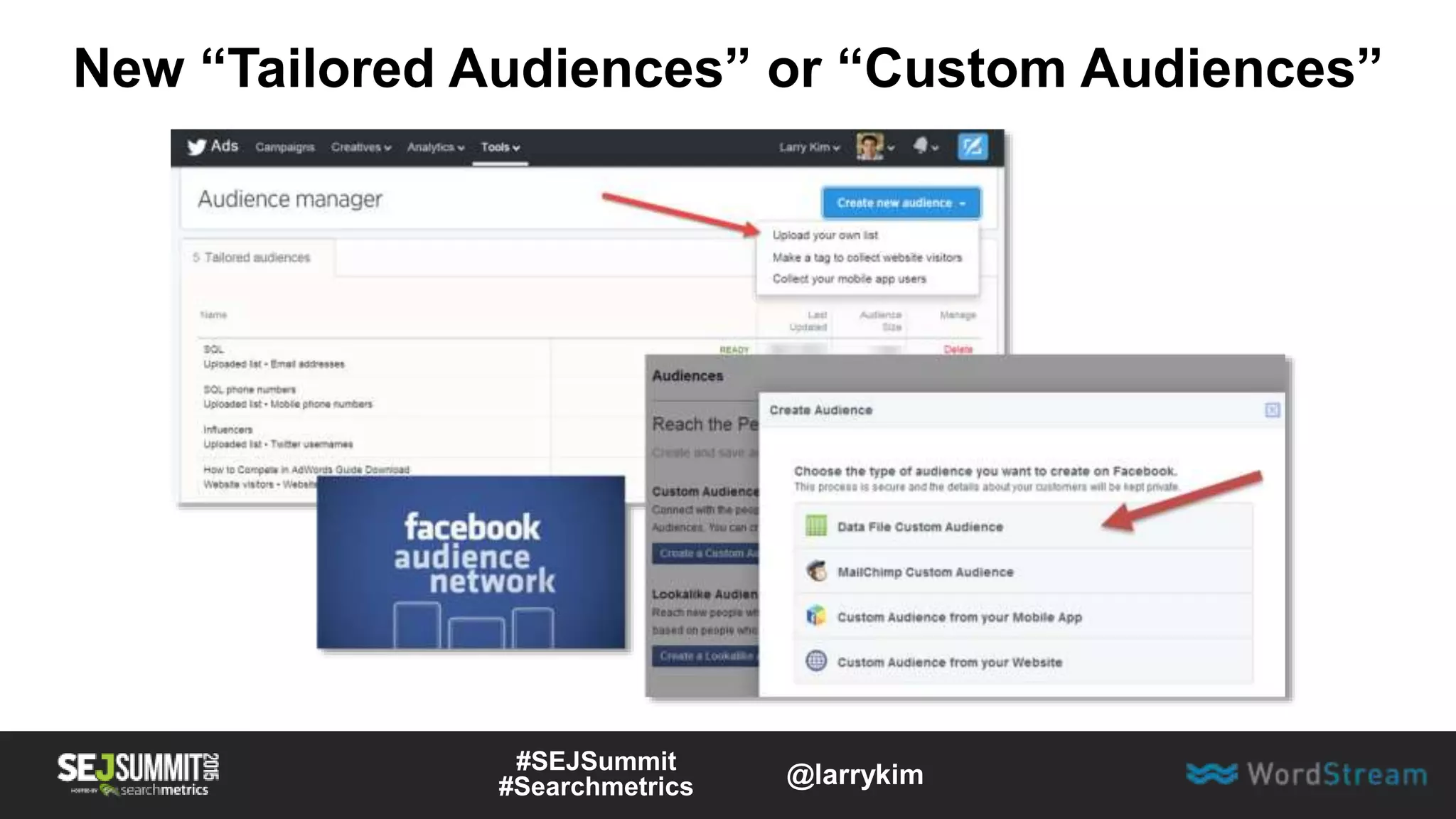New “Tailored Audiences” or “Custom Audiences”
#SEJSummit
#Searchmetrics @larrykim
 