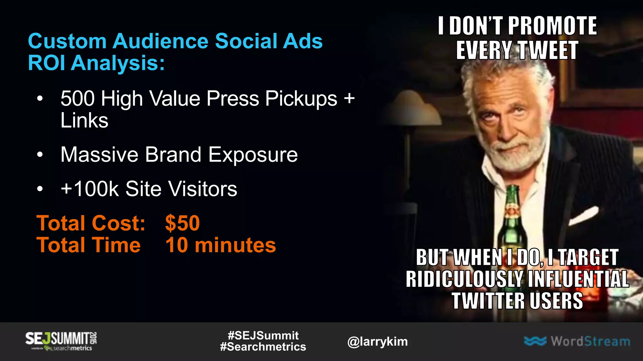 Custom Audience Social Ads
ROI Analysis:
• 500 High Value Press Pickups +
Links
• Massive Brand Exposure
• +100k Site Visitors
Total Cost: $50
Total Time 10 minutes
#SEJSummit
#Searchmetrics @larrykim
 