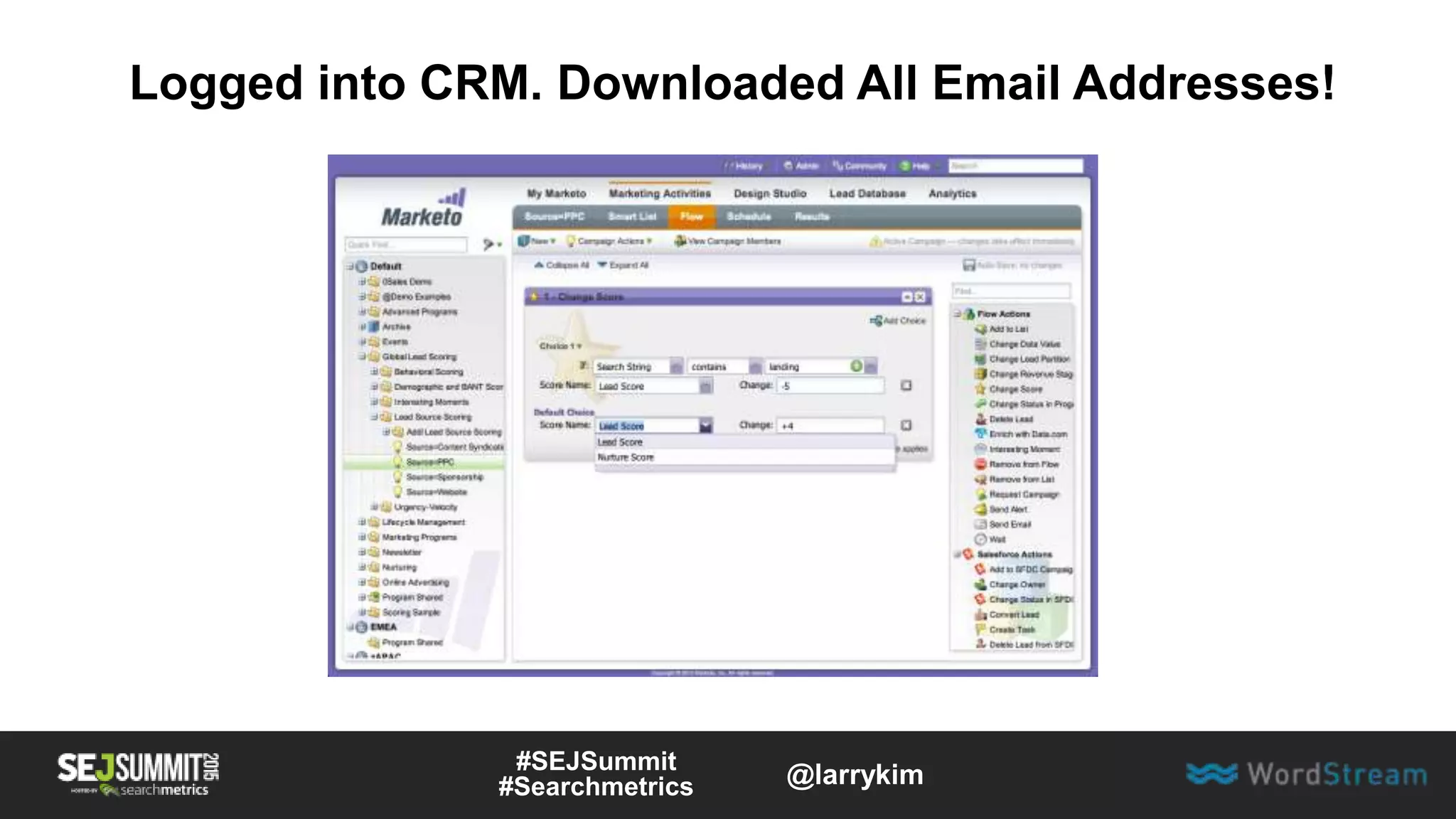 Logged into CRM. Downloaded All Email Addresses!
#SEJSummit
#Searchmetrics @larrykim
 