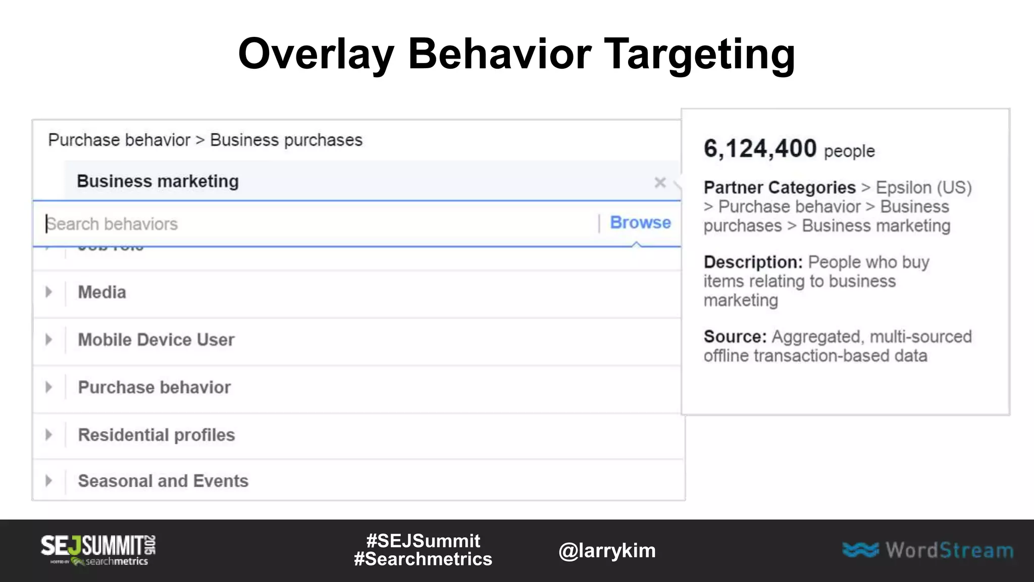 Overlay Behavior Targeting
#SEJSummit
#Searchmetrics @larrykim
 