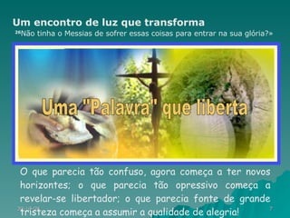 O que parecia tão confuso, agora começa a ter novos horizontes; o que parecia tão opressivo começa a revelar-se libertador; o que parecia fonte de grande tristeza começa a assumir a qualidade de alegria!  Um encontro de luz que transforma  26 Não tinha o Messias de sofrer essas coisas para entrar na sua glória?» Uma "Palavra" que liberta 