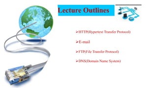 Lecture Outlines
HTTP(Hypertext Transfer Protocol)
E-mail
FTP(File Transfer Protocol)
DNS(Domain Name System)
 