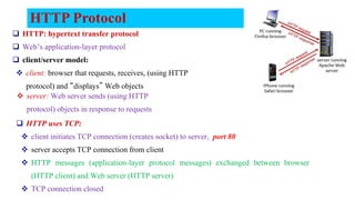 HTTP Protocol
 HTTP: hypertext transfer protocol
 Web’s application-layer protocol
 client/server model:
 client: browser that requests, receives, (using HTTP
protocol) and “displays” Web objects
 HTTP uses TCP:
 client initiates TCP connection (creates socket) to server, port 80
 server accepts TCP connection from client
 HTTP messages (application-layer protocol messages) exchanged between browser
(HTTP client) and Web server (HTTP server)
 TCP connection closed
 server: Web server sends (using HTTP
protocol) objects in response to requests
 