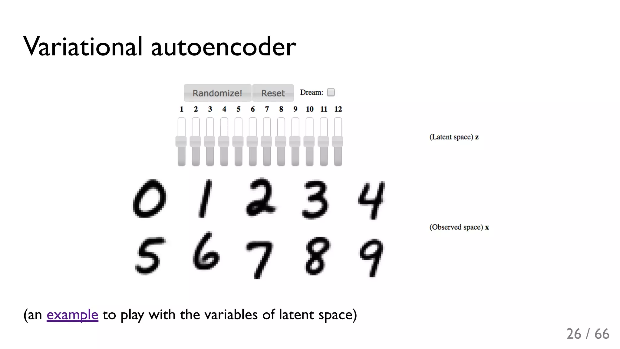 Variational autoencoder
(an example to play with the variables of latent space)
26 / 66
 