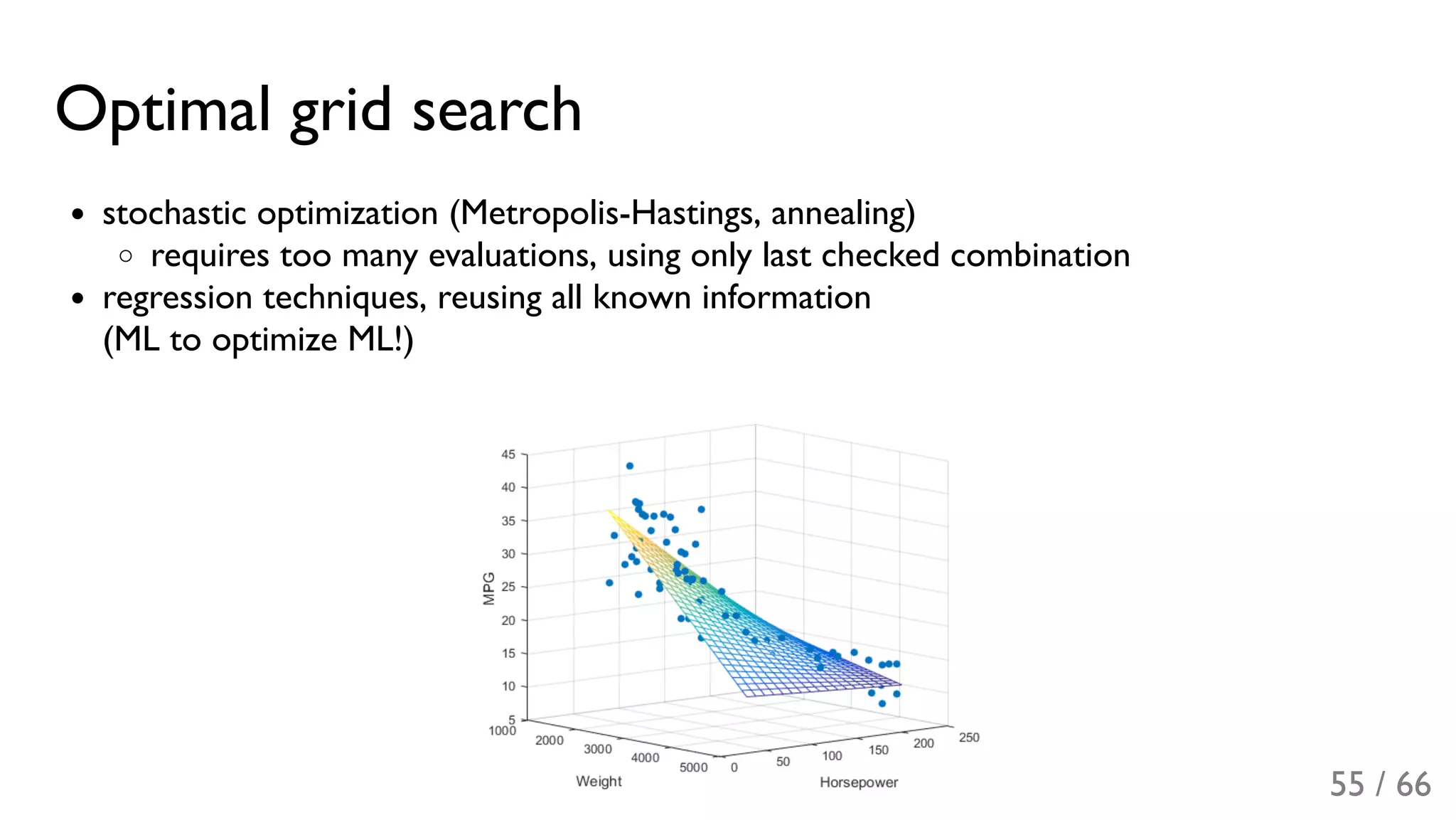 Optimal grid search
stochastic optimization (Metropolis-Hastings, annealing)
requires too many evaluations, using only last checked combination
regression techniques, reusing all known information
(ML to optimize ML!)
55 / 66
 