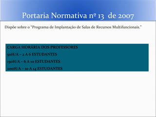 Portaria Normativa nº 13 de 2007
Dispõe sobre o “Programa de Implantação de Salas de Recursos Multifuncionais.”




 CARGA HORÁRIA DOS PROFESSORES
 50H/A – 2 A 6 ESTUDANTES
 150H/A – 6 A 10 ESTUDANTES
 200H/A – 10 A 14 ESTUDANTES
 