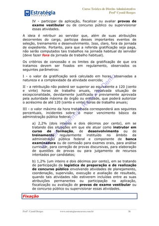Curso Teórico de Direito Administrativo
Profº Cyonil Borges
Profº. Cyonil Borges www.estrategiaconcursos.com.br 36
IV - participar da aplicação, fiscalizar ou avaliar provas de
exame vestibular ou de concurso público ou supervisionar
essas atividades.
A ideia é retribuir ao servidor que, além de suas atribuições
decorrentes do cargo, participa desses importantes eventos de
seleção, treinamento e desenvolvimento. Isso, claro, fora da jornada
de expediente. Portanto, para que a referida gratificação seja paga,
não serão computados tais trabalhos na jornada habitual do servidor
(deve fazer fora da jornada de trabalho habitual).
Os critérios de concessão e os limites da gratificação de que ora
tratamos devem ser fixados em regulamento, observados os
seguintes parâmetros:
I - o valor da gratificação será calculado em horas, observadas a
natureza e a complexidade da atividade exercida;
II - a retribuição não poderá ser superior ao equivalente a 120 (cento
e vinte) horas de trabalho anuais, ressalvada situação de
excepcionalidade, devidamente justificada e previamente aprovada
pela autoridade máxima do órgão ou entidade, que poderá autorizar
o acréscimo de até 120 (cento e vinte) horas de trabalho anuais;
III - o valor máximo da hora trabalhada corresponderá aos seguintes
percentuais, incidentes sobre o maior vencimento básico da
administração pública federal:
a) 2,2% (dois inteiros e dois décimos por cento), em se
tratando das situações em que ele atuar como instrutor em
curso de formação, de desenvolvimento ou de
treinamento regularmente instituído no âmbito da
administração pública federal e componente de banca
examinadora ou de comissão para exames orais, para análise
curricular, para correção de provas discursivas, para elaboração
de questões de provas ou para julgamento de recursos
intentados por candidatos;
b) 1,2% (um inteiro e dois décimos por cento), em se tratando
de participação da logística de preparação e de realização
de concurso público envolvendo atividades de planejamento,
coordenação, supervisão, execução e avaliação de resultado,
quando tais atividades não estiverem incluídas entre as suas
atribuições permanentes ou participação na aplicação,
fiscalização ou avaliação de provas de exame vestibular ou
de concurso público ou supervisionar essas atividades.
Fixação
W
e
PD
F
W
aterm
ark
R
em
overD
em
o
 