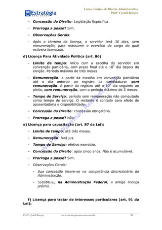 Curso Teórico de Direito Administrativo
Profº Cyonil Borges
Profº. Cyonil Borges www.estrategiaconcursos.com.br 42
- Concessão do Direito: Legislação Específica
- Prorroga a posse? Sim.
- Observações Gerais:
- Após o término da licença, o servidor terá 30 dias, sem
remuneração, para reassumir o exercício do cargo do qual
estivera licenciado.
d) Licença Para Atividade Política (art. 86)
- Limite de tempo: início com a escolha do servidor em
convenção partidária, com prazo final até o 10º
dia depois da
eleição. Período máximo de três meses.
- Remuneração: a partir da escolha em convenção partidária
até o dia anterior ao registro da candidatura: sem
remuneração. A partir do registro até o 10º
dia seguinte ao
pleito, com remuneração, com o período máximo de 3 meses.
- Tempo de Serviço: período sem remuneração não computado
como tempo de serviço. O restante é contado para efeito de
aposentadoria e disponibilidade.
- Concessão do Direito: concessão obrigatória.
- Prorroga a posse? Não.
e) Licença para capacitação (art. 87 da Lei):
- Limite de tempo: até três meses.
- Remuneração: fará jus.
- Tempo de Serviço: efetivo exercício.
- Concessão do Direito: após cinco anos. Não é acumulável.
- Prorroga a posse? Sim.
- Observações Gerais:
- Sua concessão insere-se na competência discricionária da
Administração.
- Substituiu, na Administração Federal, a antiga licença
prêmio.
f) Licença para tratar de interesses particulares (art. 91 da
Lei):
W
e
PD
F
W
aterm
ark
R
em
overD
em
o
 