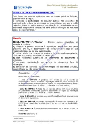 Curso Teórico de Direito Administrativo
Profº Cyonil Borges
Profº. Cyonil Borges www.estrategiaconcursos.com.br 52
CESPE - TJ TRE RJ/Administrativa/2012
Com base nas normas aplicáveis aos servidores públicos federais,
julgue o item a seguir.
É permitida a participação de servidor público nos conselhos de
administração e fiscal de empresas ou em entidades em que a União
detenha, direta ou indiretamente, participação no capital social ou em
sociedade cooperativa constituída para prestar serviços de natureza
social a seus membros.9
Fixação
(2011/FCC/TRF-1A
./Técnico) - Dentre outras situações, ao
servidor é proibido
a) cometer a pessoa estranha à repartição, ainda que em casos
previstos em lei, o desempenho de atribuição que seja de sua
responsabilidade ou de seu subordinado.
b) retirar, ainda que com prévia anuência da autoridade competente,
qualquer documento ou objeto da repartição.
c) opor resistência justificada ao andamento de documento e
processo.
d) promover manifestação de apreço ou desapreço fora da
repartição.
e) participar de gerência ou administração de sociedade privada,
personificada ou não personificada.
Comentários:
Direto para os comentários:
- Letra A: ERRADA. A proibição que consta da Lei é quanto ao
cometimento à pessoa estranha à repartição FORA dos casos previstos em
lei do desempenho de atribuição que seja de sua responsabilidade ou de seu
subordinado (veja o inc. VI do art. 117 da Lei 8.112/1990, abaixo).
- Letra B: ERRADA. A 8.112 diz ser proibido retirar, SEM prévia anuência
da autoridade competente, qualquer documento ou objeto da repartição
(veja o inc. II do art. 117 da Lei 8.112/1990, abaixo).
- Letra C: ERRADA. É proibido opor resistência INjustificada ao andamento
de documento e processo.
- Letra D: ERRADA. Promover manifestação de apreço ou desapreço NO
RECINTO da repartição é proibido (inc. V do art. 117 da Lei 8.112/1990).
Fora, não.
- Letra E: CERTA. É proibição literal constante do inc. X do art. 117 da Lei
8.112/1990.
Gabarito: alternativa E.
9
Gabarito: CERTO.
W
e
PD
F
W
aterm
ark
R
em
overD
em
o
 